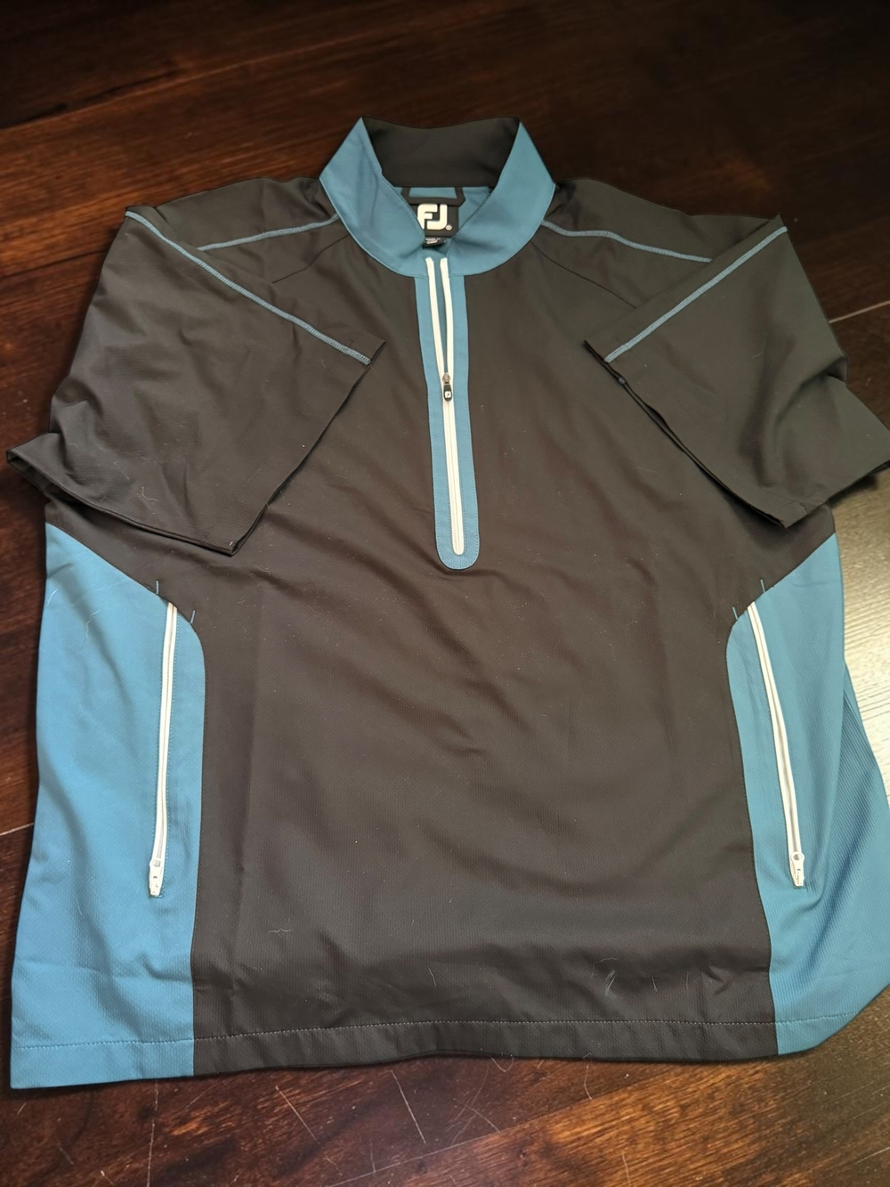 FootJoy FJ Men's XL Short Sleeve Golf Windshirt Pullover Black Blue 1/4 Zip